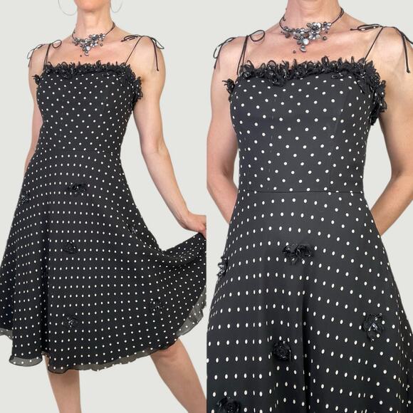 Sue Wong 100% silk polka dot midi slip dress sundress floral beaded tie strap 6 - Picture 1 of 16